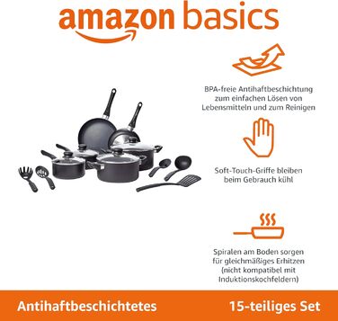 Набір посуду з антипригарним покриттям 15 предметів чорний Amazon Basics