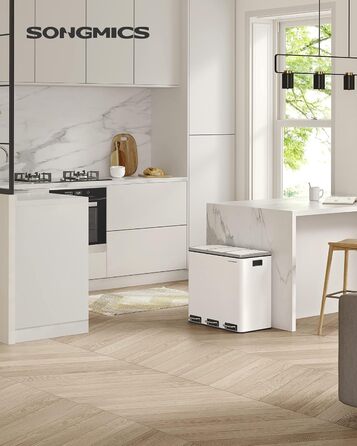 Кухонний контейнер для сміття SONGMICS, 3 x 18 л, система розділення сміття, 3 відділення, включаючи 15 мішків для сміття, відро для сміття, відро для сміття з педаллю, для вторинної переробки, органічні відходи, з кришкою, LTB54BK (білий хмара)
