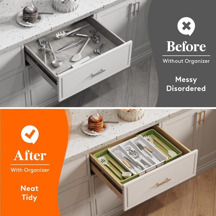 Органайзер для столових приборів 57 х 38 см для шухляд, 5 відділень, зелений і білий Lifewit