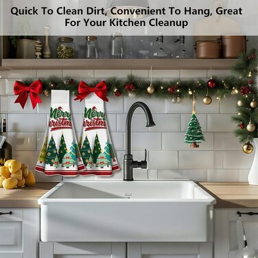 Набір з 2 різдвяних кухонних рушників 31,5 x 34,5 см з петлею для підвішування, Різдвяні ялинки WADORN