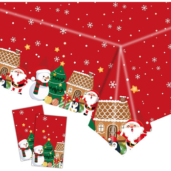Різдвяні скатертини, одноразові різдвяні скатертини, великі прямокутні скатертини у формі Санта-Клауса, сніговика, обідні скатертини для різдвяної вечірки (137 x 274 см) (червоний фон сніговик), 2