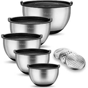 Набір мисок з нержавіючої сталі, 5 предметів з кришкою, миска для змішування з 3 терками, 5 л 3 л 2 л 1,5 л 1,5 л 1 л Velaze