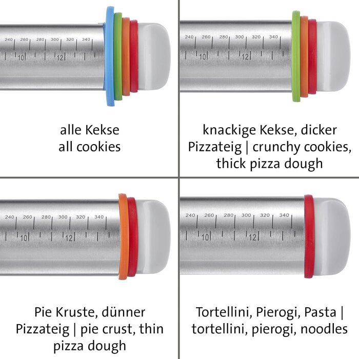 З 4 розпірними кільцями, по 1 кільцю по 10 мм, 6 мм, 3 мм, 2 мм, зі шкалами, нержавіюча сталь/пластик, сріблястий/білий/світло-блакитний/світло-зелений/помаранчевий/червоний, 30452260 нержавіючий ролик для випічки