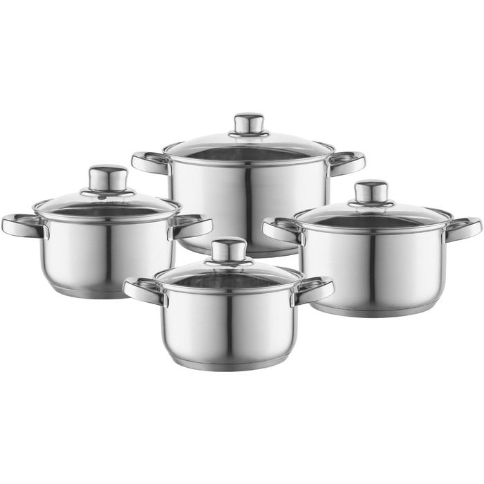 Набір посуду FLORINA 4 предмети Нержавіюча сталь 18/0 Кришка із загартованого скла Для індукційних, газових, електричних та керамічних варильних поверхонь Можна мити в посудомийній машині Високоякісний набір посуду для кожної кухні (8 предметів, Polpo)