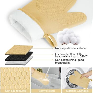 Набір рукавичок для духовки AUAUY, 1 пара силіконових рукавичок для духовки з 2 тримачами для каструль, нековзні кулінарні рукавички, термостійкі рукавички для духовки, рукавички для кухні, приготування їжі, випічки, гриля та барбекю (жовті)