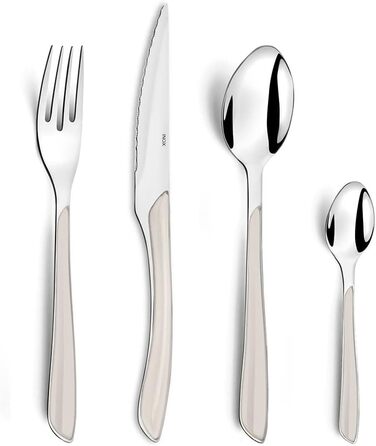 Набор столовых приборов, 24 предмета, набор столовых приборов на 6 человек, коричневые пластиковые ручки под дерево, можно мыть в посудомоечной машине, столовые приборы из нержавеющей стали, светлое дерево (белый)