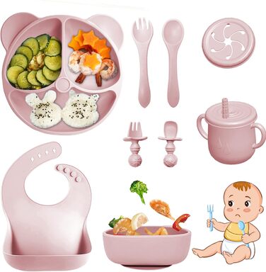 Силіконовий набір дитячого столового посуду Bizcasa з 9 предметів, нековзкий набір дитячого столового посуду, дитячий столовий посуд із присоскою, нековзна дитяча миска, дитяча тарілка, дитячий набір столових приладів для малюків, без бісфенолу А (світло-