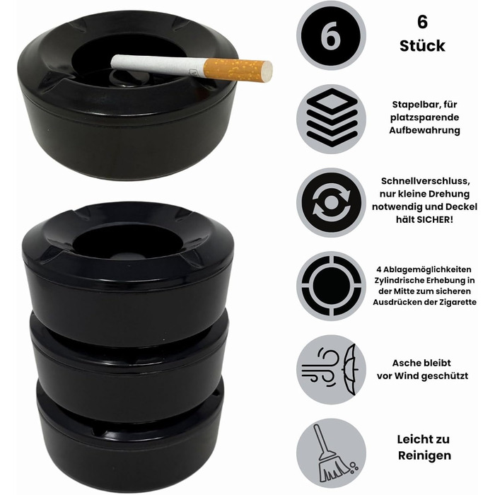 Пепельница 6 шт 10,5 см черная Generisch