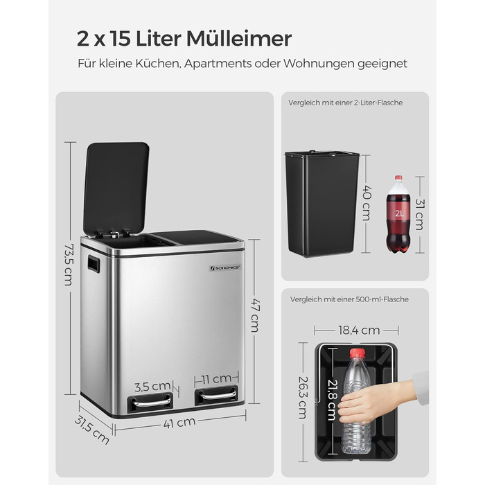 Кухонний контейнер для сміття SONGMICS, 2 x 15 літрів, система розділення сміття, 2 відділення, включаючи 15 мішків для сміття, відро для сміття, відро для сміття з педаллю, перероблені відходи, органічні відходи, кришка з мяким закриттям, LTB30BK (метале