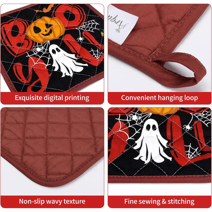 Набір з 2 кухонних рукавичок та підставок для каструль Arquiel Gnome Autumn Orange Checked, 100 бавовняні кулінарні рукавички, термостійкі кухонні рукавички для приготування їжі, осінній декор, подарунки на кухню для жінок (Хелловін, 2 кухонні рукавички 2