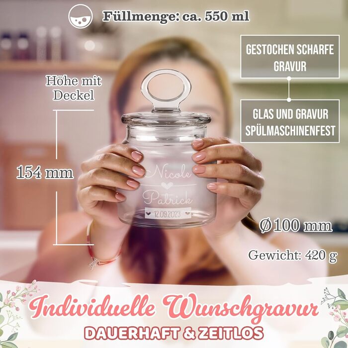 Скляна банка для печива з персоналізованим друком та гравіюванням - 800 мл - з сердечком, іменем та датою як подарунок для жінки на річницю Ідеї персоналізованих подарунків на річницю (550 мл)