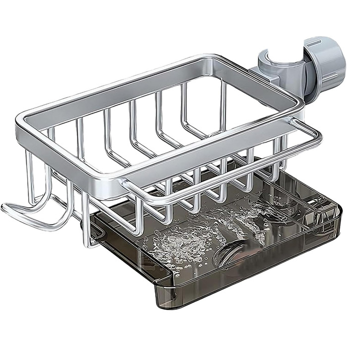 Тримач для губки для кухонного змішувача - Багатофункціональний органайзер для раковини Кошик для зберігання губок, рушників для посуду та щіток Міцний дизайн з алюмінію та ABS-пластику Ідеально підходить для зберігання у ванній кімнаті (сріблястий)