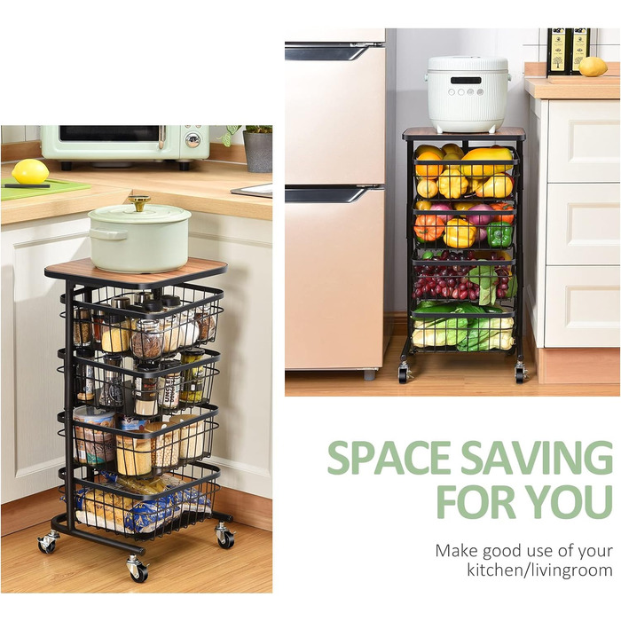 Кухонная тележка APEXCHASER, вращающаяся тележка, 4-уровневая многослойная кухонная полка с колесиками, контейнер для хранения, поворотная корзина для фруктов для кухни, гостиной, офиса, черный