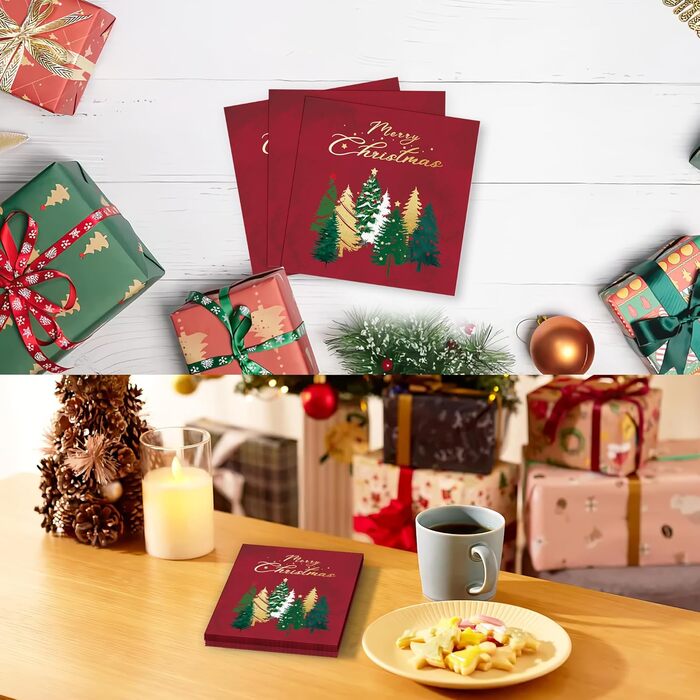 Червоні серветки Різдвяні ялинки серветки прикраса столу Різдвяна різдвяна прикраса Різдвяні серветки Різдвяні паперові серветки одноразові серветки &quotВеселого Різдва&quot 33 x 33 см 40 шт., 40 шт.