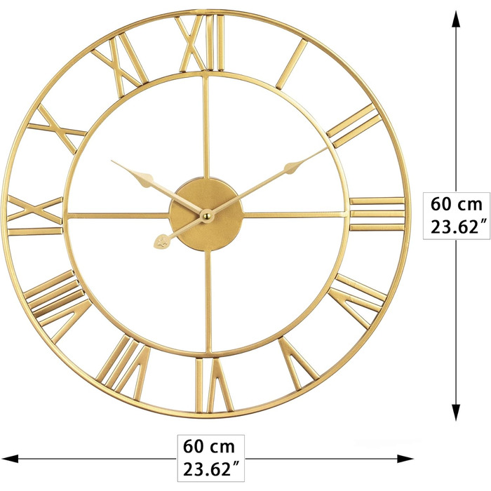 Великий вінтажний круглий металевий настінний годинник безшумний нецокаючий, що працює на батарейках, 40 см, 16 дюймів, римські цифри, годинники для вітальні, спальні, кухні, настінний годинник, прикраса (золотий, 60 см)