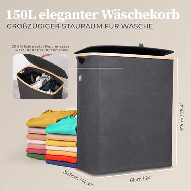 Ящик для белья 150 л - Корзина для белья 3 отделения - Крышка - Сортировщик белья с мешком для белья - Корзины для белья - Серый бамбук - Корзина для белья - Система сортировки белья - Сборник для белья 3) 150л Серый
