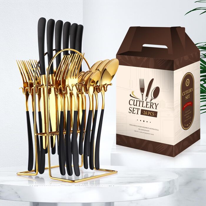 Набір столових приборів на 6 осіб, 24 предмети з тримачем, чорно-золотистий Wekity
