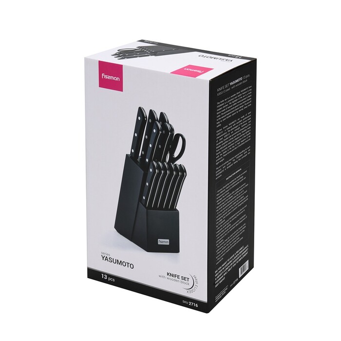 Набір ножів Fissman 13 придмети YASUMOTO в дерев`яній підставці X30Cr13 сталь (2716)