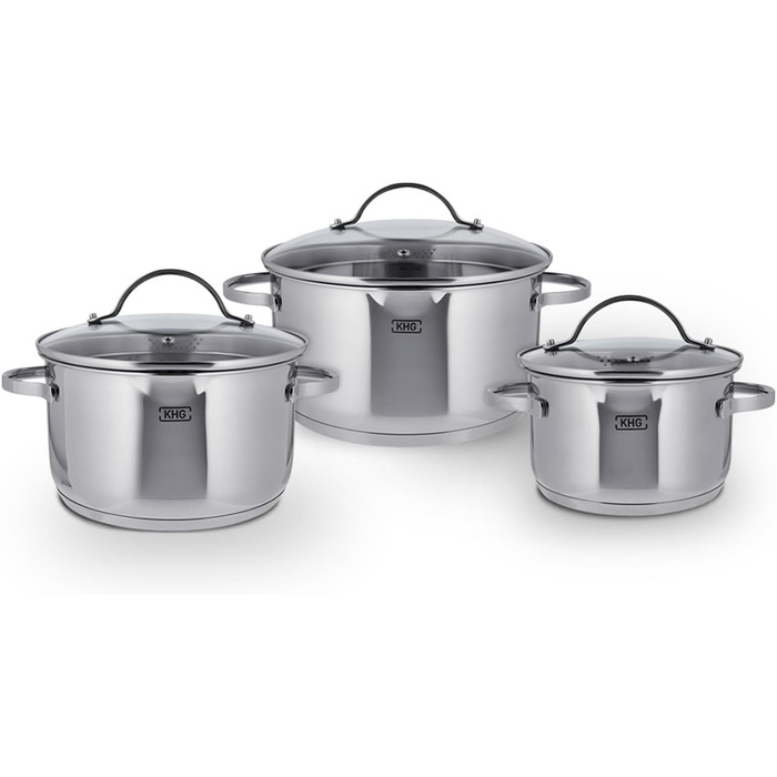 Набір з 3 каструль з нержавіючої сталі зі скляними кришками KHG