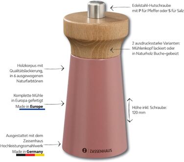 Соляний млин Zassenhaus WESTERLAND пісок лакована деревина бука Головка млина з деревини бука з плавним регулюванням високопродуктивної керамічної шліфувальної машини Млин для спецій для солі 12 см, Ø 5,4 см Соляний пісок, бук