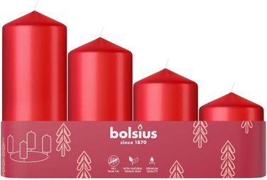 Свічки Bolsius Smooth Pillar - Набір з 4 шт. - Різні розміри - Декоративні побутові свічки - Тривалий час горіння - Без запаху - З натуральним рослинним воском - Без пальмової олії - Різні розміри (червоні, різні розміри)