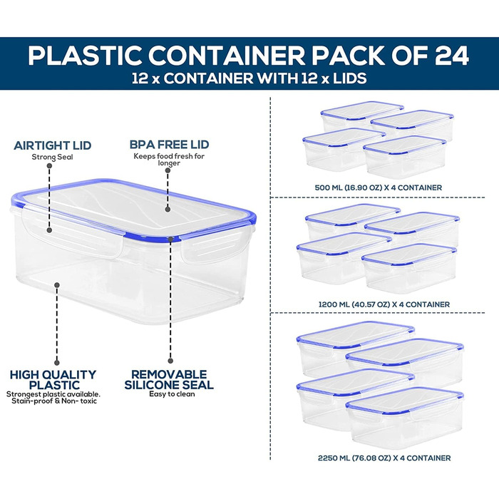 Банки для зберігання з кришками (9 контейнерів, 9 кришок) Контейнери для зберігання продуктів для кухні, кухонний органайзер без бісфенолу А (24 упаковки, синій), 18