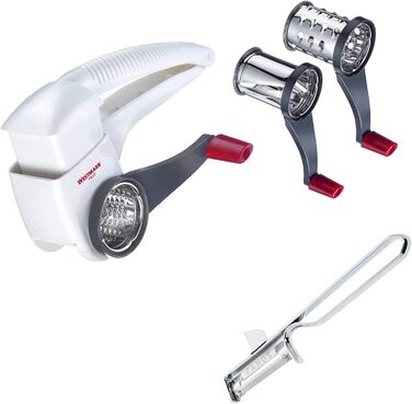 Барабанна терка/рубанок Westmark з 3 ріжучими барабанами та вбудованим плунжером, нержавіюча сталь/пластик, тріо, білий/антрацит, 11722260 (з лущильником)