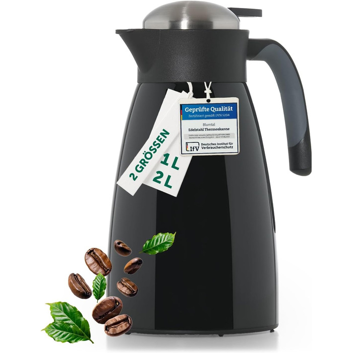 Термос Blumtal 2 літри - Чайник без бісфенолу А з кришкою швидкого напилення - Термокавник для тривалої ізоляції, термостійкий, глечик 2 л - Термос 2 л - Чайник, термосріблястий (чорний, 2000 мл)