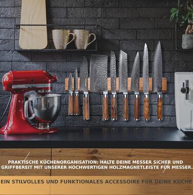 Магнітна стрічка з вишуканого дерева волоського горіха для стильної організації ножів 40 x 7 x 3,5 см (50 см)