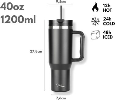 Термокружка 1200 мл с трубочкой и ручкой, черная Milu