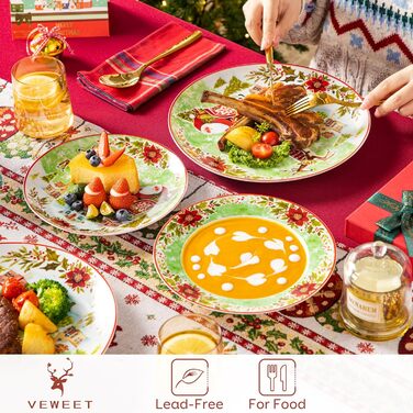 Серія 30-предметний порцеляновий різдвяний набір посуду для 6 осіб, різдвяний кавовий сервіз на 6 обідніх тарілок, 6 десертних тарілок, 6 супових тарілок, 6 кавових чашок та 6 блюдець (Різдвяний, 18-предметний обідній сервіз)