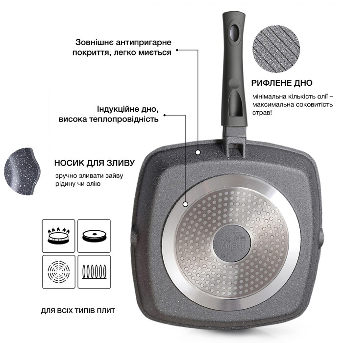 Квадратна сковорідка-гриль Fissman GREY STONE 28x4,3 см (4978)