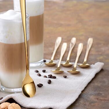 Набір ложок GRWE для лате макіато, золотий, 6 предметів, 22 см, довгі ложки, ложки для коктейлів, десертні ложки, ложки для морозива, ложки для кави з льодом, нержавіюча сталь, можна мити в посудомийній машині (золотий)