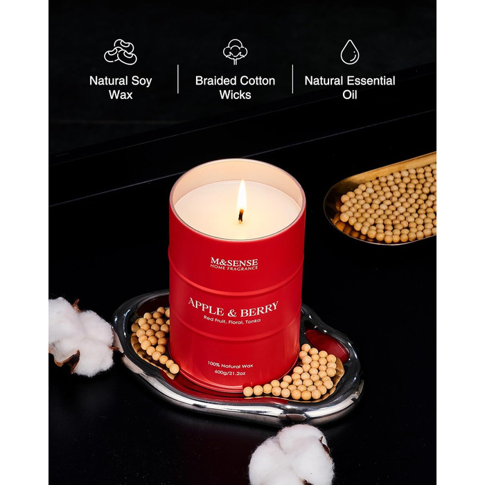 Ароматичні свічки M&SENSE з натурального соєвого воску, натуральна соєва свічка для домашнього декору, тривалий час горіння до 70 годин, класні подарунки зі свічками для чоловіків та жінок (600 г, яблуко-ягідний)