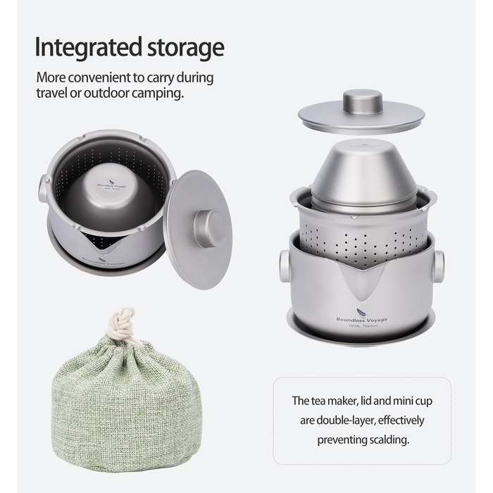 Безмежна подорож Титанова двошарова чайниця з кришкою з фільтром Ультралегкий чайник Кавова чашка проти опіків Посуд для напоїв для кемпінгу Туристичний офіс (Ti3137D-чайник 3 чашки)