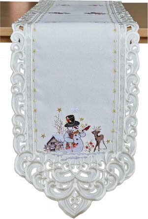 Різдвяна скатертина/доріжка HanaQi зі сніговиком та оленями, зимовий пейзаж з ажурною вишивкою, поліестер, колір екрю/крем - розмір на вибір (приблизно 38 x 108 см, овальна) (160 x 28 см (овальна))
