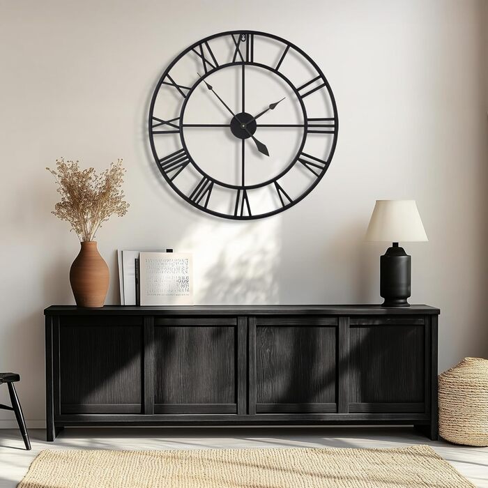 Великий круглий металевий настінний годинник у вінтажному стилі, безшумний, не цокаючий, працює від батареї, 40 см, 16 дюймів, римські цифри, годинники для вітальні, спальні, кухні, настінний годинник, прикраса (чорний, 80 см)