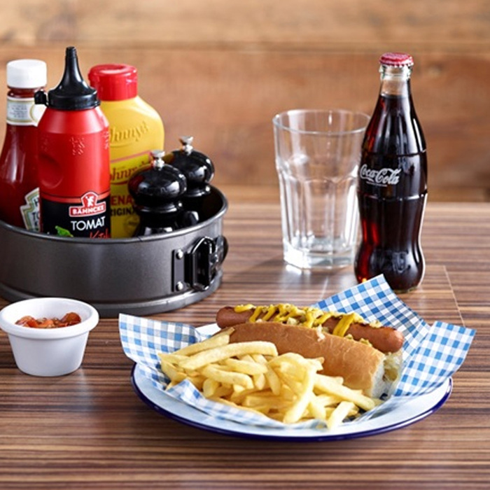 Тарелка 24 см белая эмалированная с синей каемочкой, GenWare