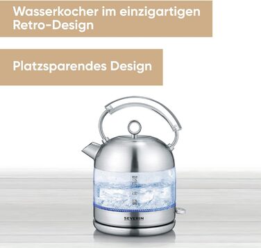 Потужний і компактний чайник у високоякісному ретро-дизайні, електричний чайник, скло/матова нержавіюча сталь, WK 3459