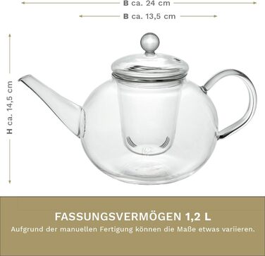 Скляний чайник Creano Glass Teapot з 3 частин із вбудованим ситечком з нержавіючої сталі та скляною кришкою, ідеально підходить для приготування сипучих чаїв, без крапель, універсальний (скляне ситечко 1.2 л)