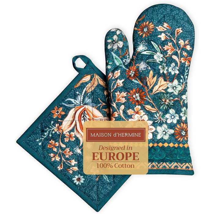 Рукавички для духовки, прихватки для каструль Maison d&39 Hermine, 100 бавовна, термостійкі кухонні рукавички, рукавички для духовки (19 x 33 см) та прихватки для каструль (20 x 20 см) для приготування їжі, Morzine - Рукавички для духовки (19 x 33 см) та 