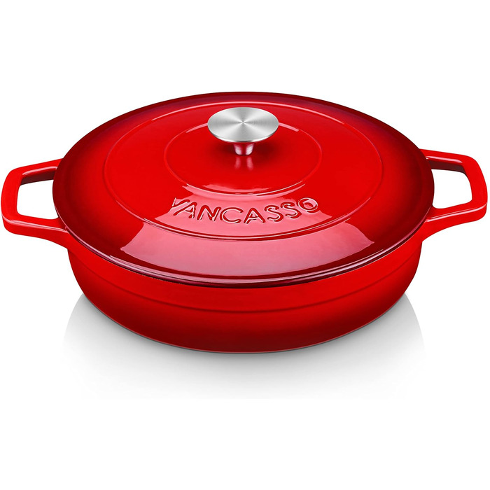 Чавунна овальна емальована каструля Vancasso об&39ємом 6 л з кришкою, поживна та смачна для дому, ресторану, готелю, духовки, 30 x 13 см (червона, 28 x 7 см)