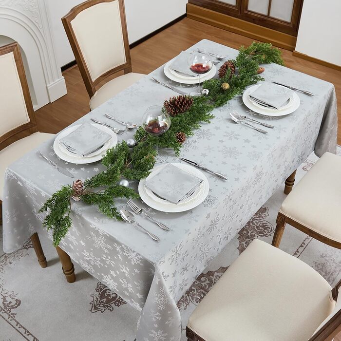 Велика різдвяна скатертина Romanstile, яку можна прати та вона водовідштовхувальна, жакардові зірки та сніжинки, квадратна скатертина XXL для зими, різдвяної прикраси, вечірки, Різдва (85 x 85 см, срібляста)