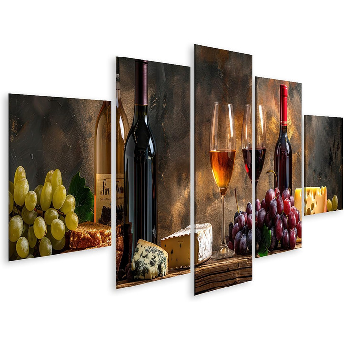 Друк на полотні Сільський натюрморт з пляшками вина, келихами, виноградом, сиром, хлібом на дерев&39яному столі Картини Настінний художній постер (полотно 170x80 см - 5 частин)