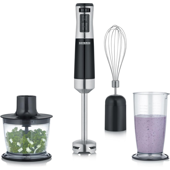 Аккумуляторный погружной блендер с комплектом премиум-класса, семный блендер, с ручным блендером, мультиизмельчителем, кувшином-блендером, толкушкой и венчиком для картофеля, черная/матовая нержавеющая сталь, SM 3775 (600 Вт, включая набор принадлежностей