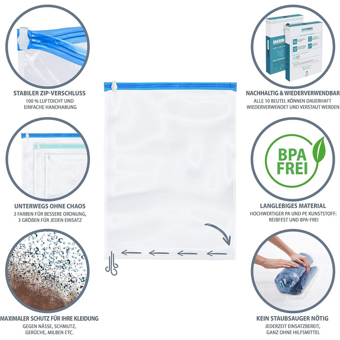 Вакуумні пакети 10 пакетів 35 x 50/40 x 60/50 x 70 см NORDIC