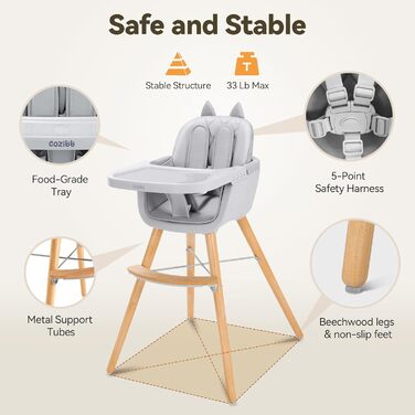 Дитячий стільчик для годування 4-в-1 від 6 місяців сірий CoziBB