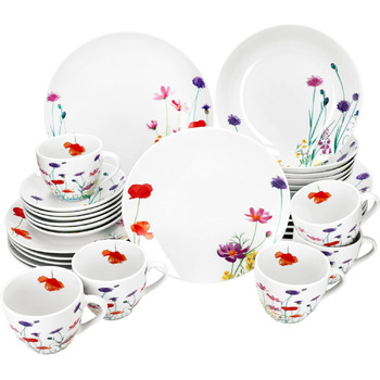 Комбінований сервіз із 30 предметів I Набір порцелянового посуду з декором квіткової галявини на 6 осіб I 6 шт. чашок, блюдець, тарілок для тортів, супових і обідніх тарілок кожна