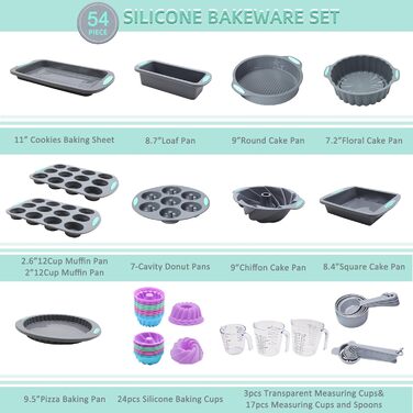 Набір силіконових форм для випікання Tongjude, 47 предметів, 6 силіконових форм для торта, форма для хліба, форми для пончиків, форма для випікання з антипригарним покриттям, з мірною чашкою та ложкою, сірий (54 набори форм для випікання)