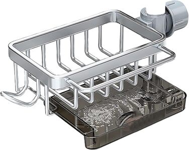 Тримач для губки для кухонного змішувача - Багатофункціональний органайзер для раковини Кошик для зберігання губок, рушників для посуду та щіток Міцний дизайн з алюмінію та ABS-пластику Ідеально підходить для зберігання у ванній кімнаті (сріблястий)